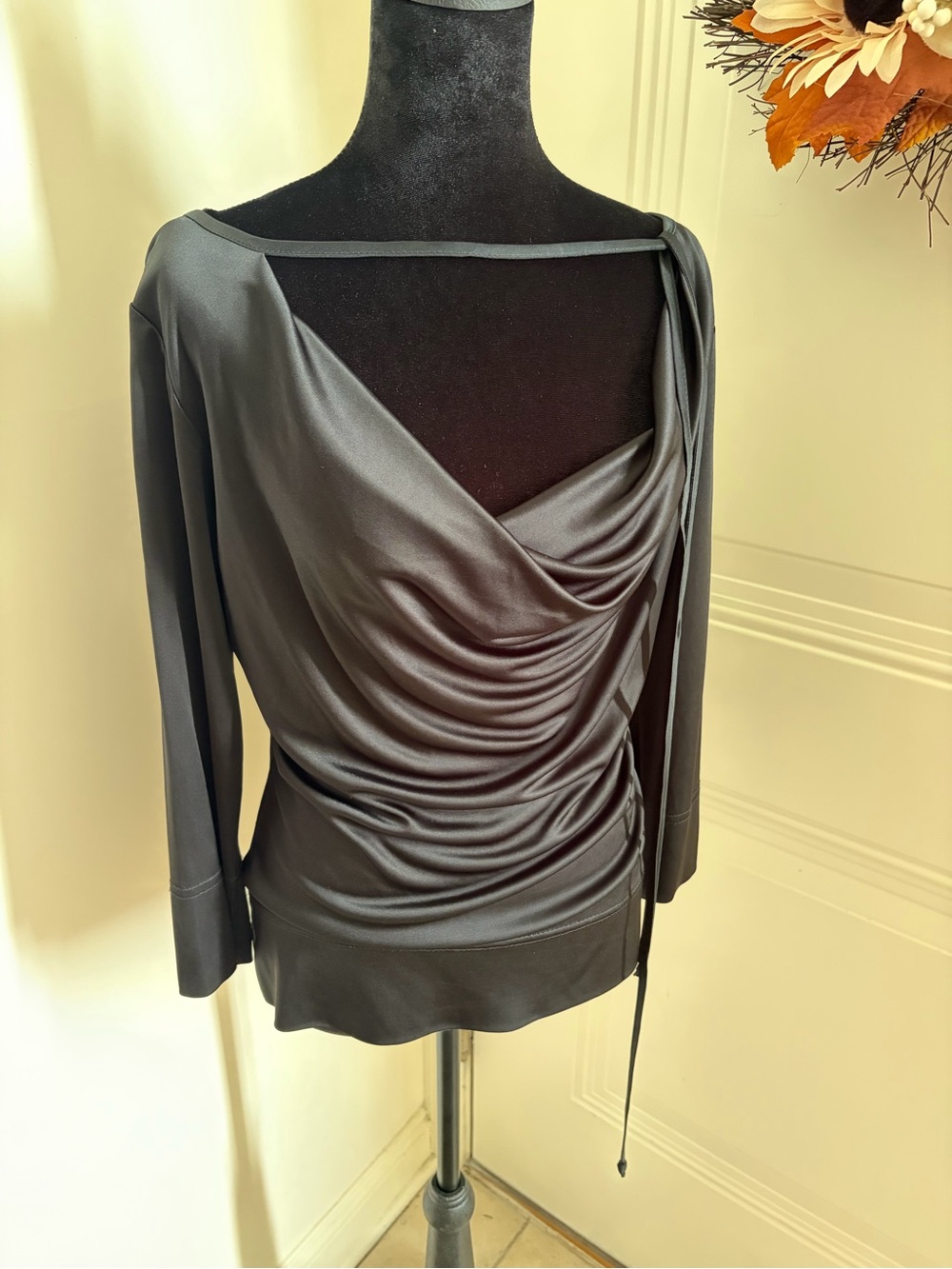 bebe Black Satin Draped Cowl Neck Long Sleeve Top